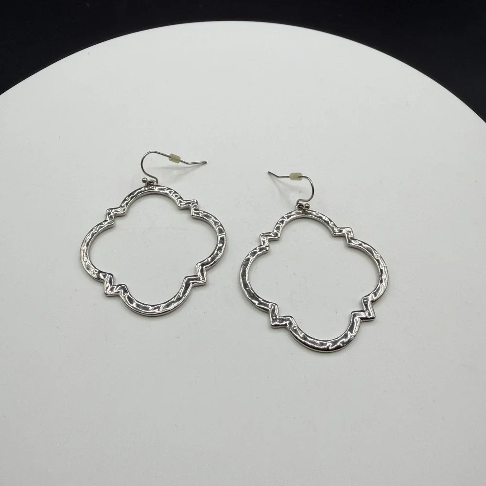 Silver Tone Hammered Quatrefoil Dangle Earrings Large Boho Statement Jewelry